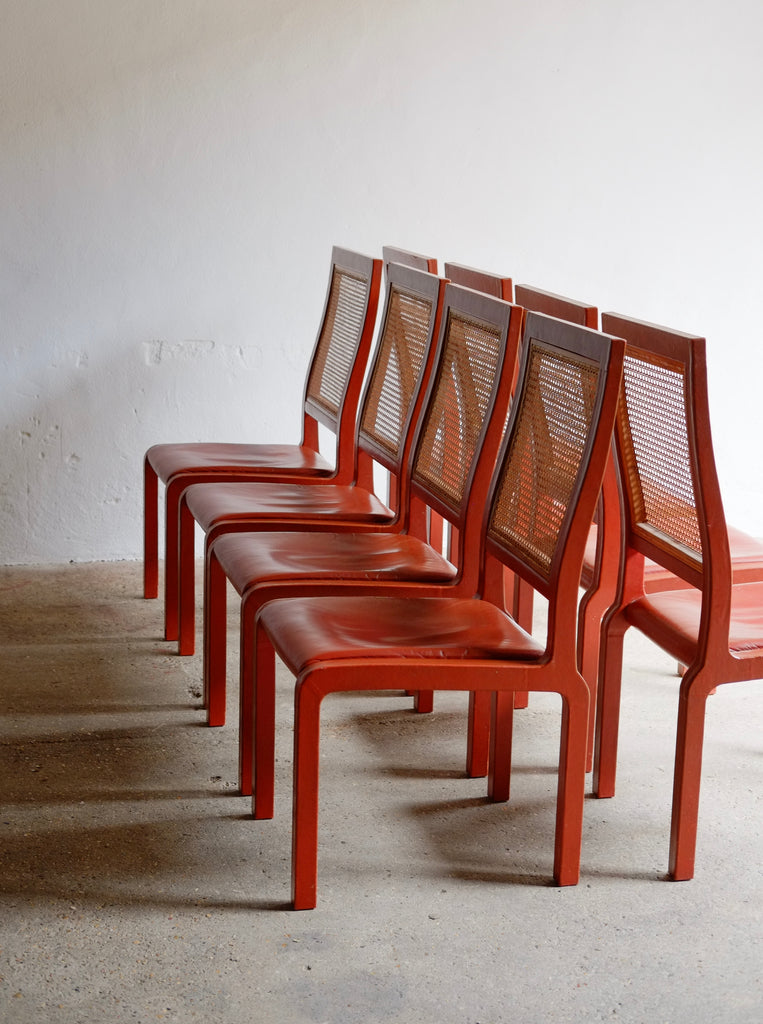 SET OF JOHN MAKEPEACE LEATHER CANE DINING CHAIRS, 1971 – punch