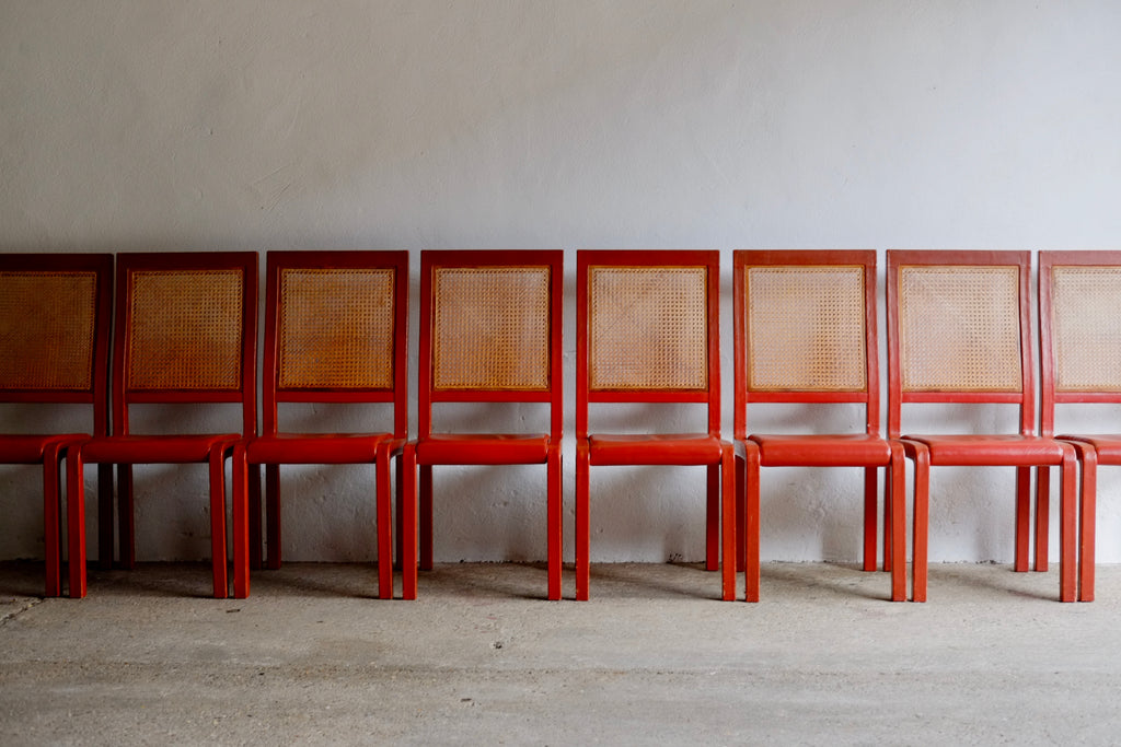 SET OF JOHN MAKEPEACE LEATHER CANE DINING CHAIRS, 1971 – punch