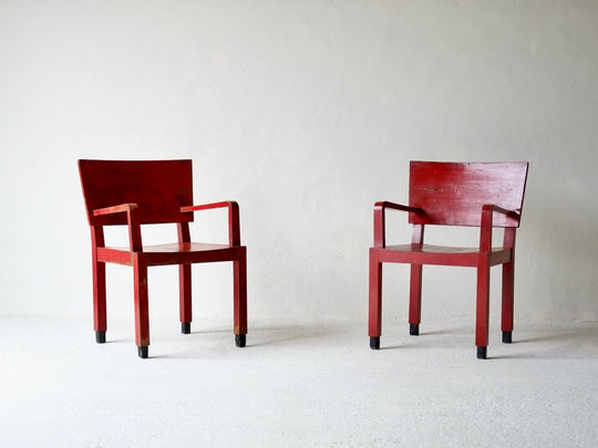 Italian Red Rationalist Armchairs, Circa 1930's