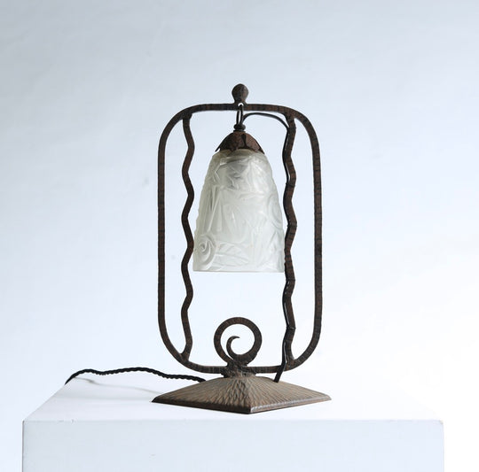 French Wrought Iron & Glass Desk Lamp