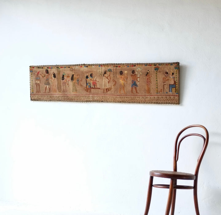 Egyptian Revival Embroidery on Linen, Circa 1930's