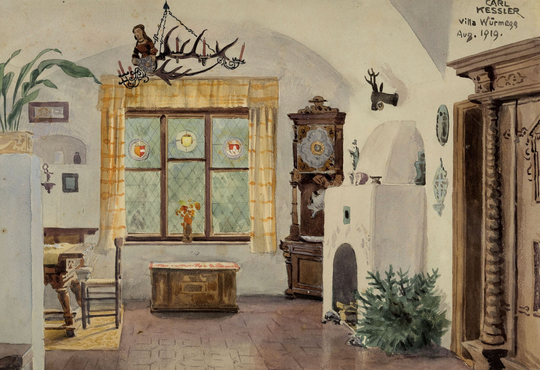 Carl Kessler (1876–1968), Interior of Villa Würmegg, August 1919, Watercolour