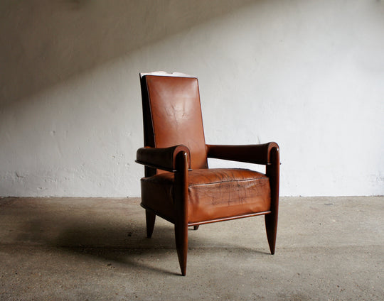 1930'S WALNUT & LEATHER ARMCHAIR