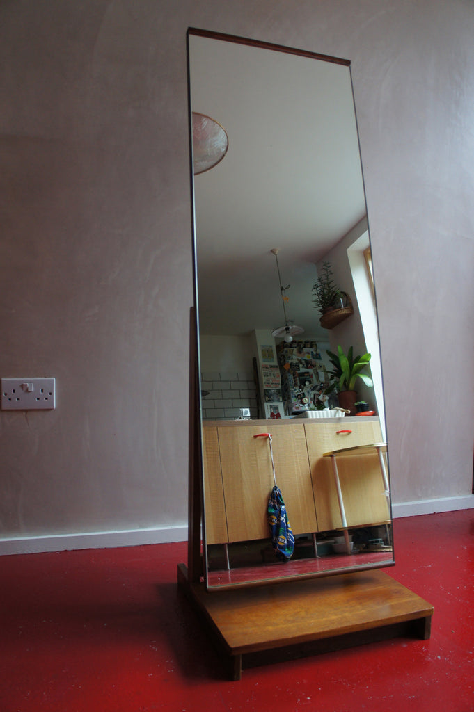 MID CENTURY TEAK FREESTANDING FULL LENGTH MIRROR punch the clock