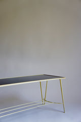 MID CENTURY BLACK GLASS HAIRPIN COFFEE TABLE