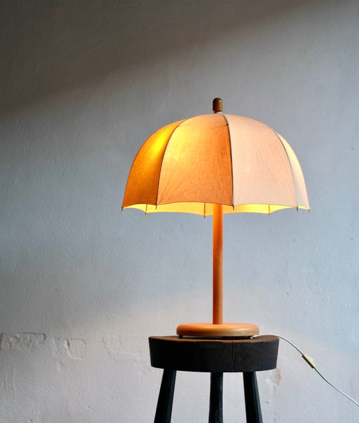 Beech & Linen Umbrella Table Lamp, 1970's