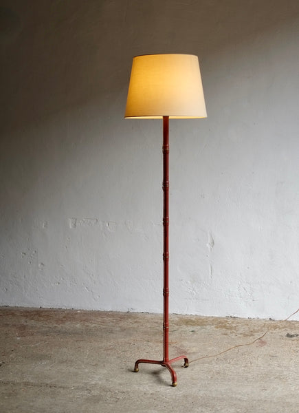 Burgundy Leather Jacques Adnet Floor Lamp